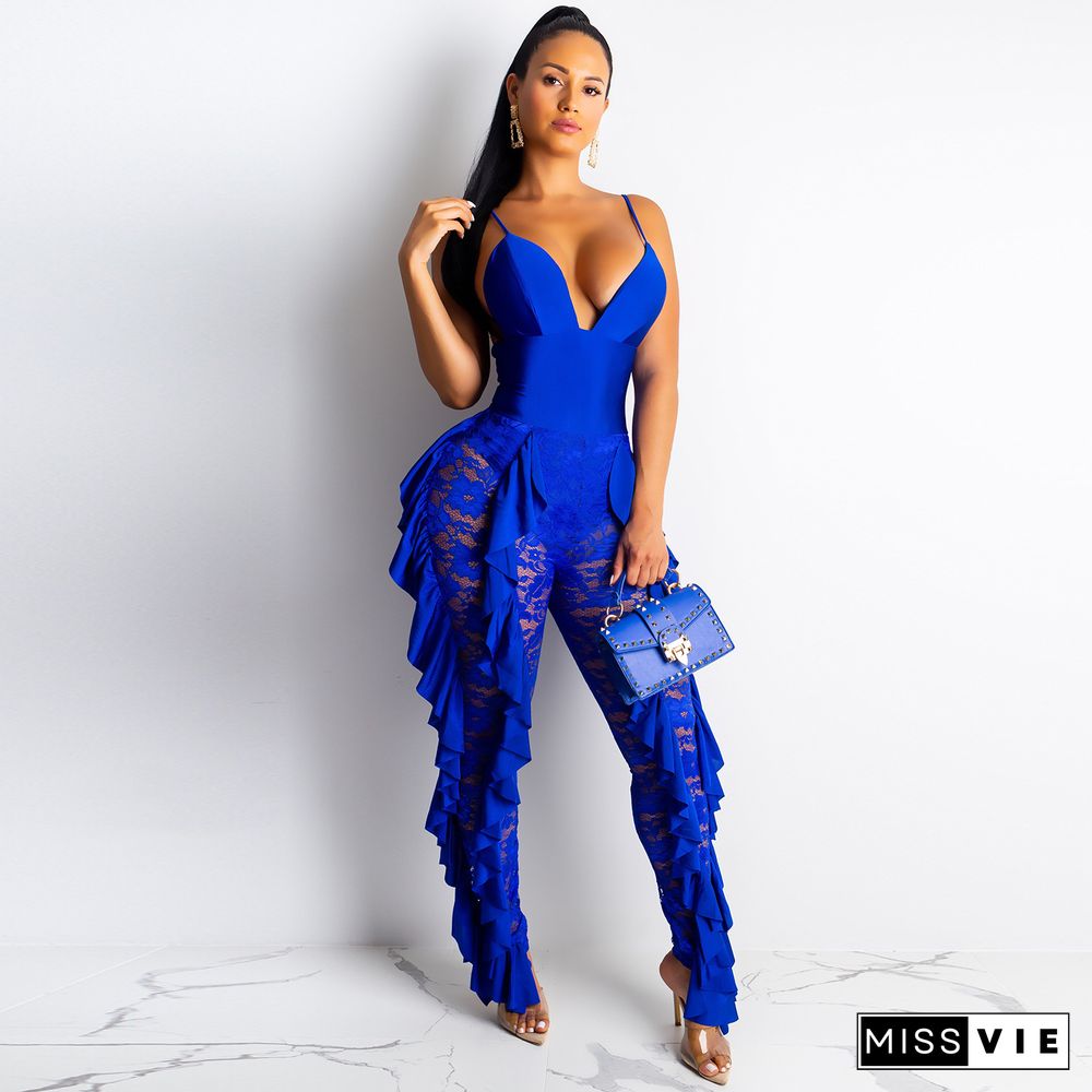 Sexy Low-cut Lace Patchwork Straps Tight Jumpsuit