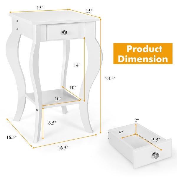 Costway End Side Table with Drawer Bottom Shelf Accent Nightstand - 15''x 15'' x 23.5''