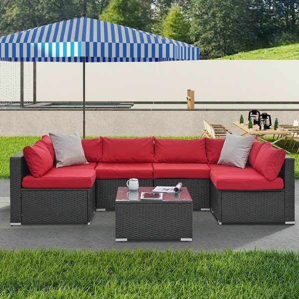 7Pcs Outdoor Sectional Furniture Set，AllWeather PE Rattan Sectional Sofa Conversation Set w/ Coffee Table and Washable Cushions