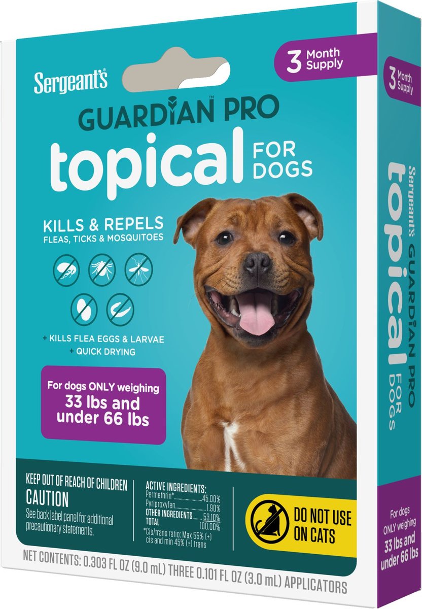 Sergeant's Guardian Dog Pro Flea and Tick Topical Treatment， 33-66-lb， 3 count