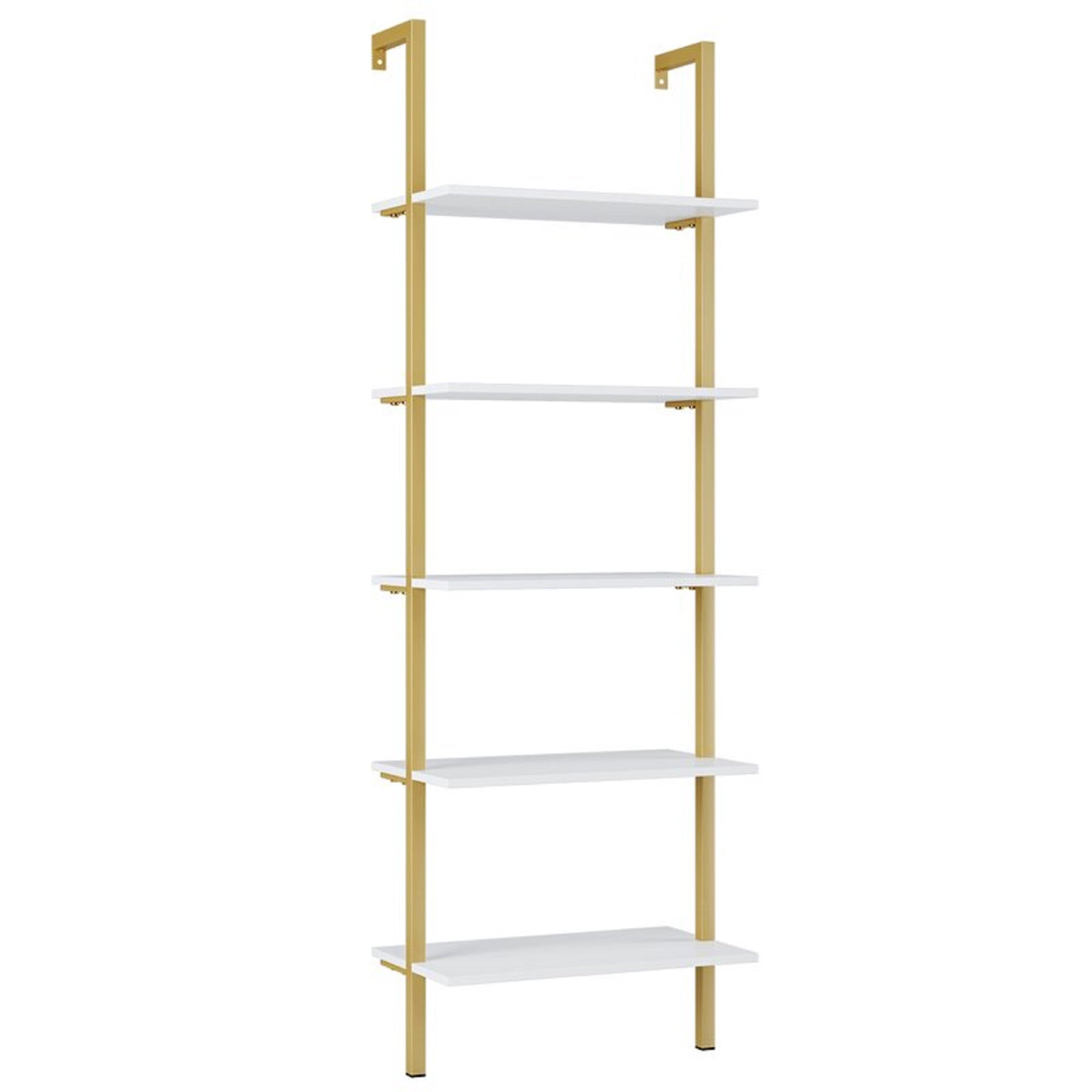 Homfa Wall Mounted Iron Bookcase, 5 Tiers Ladder Shelves with Gold Frame, White Finish