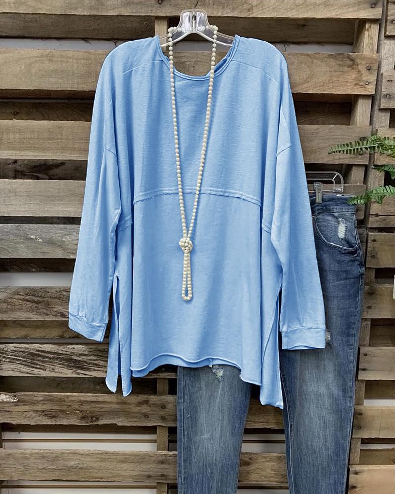 Women's Solid Color Long Sleeves Slit Side Casual Top