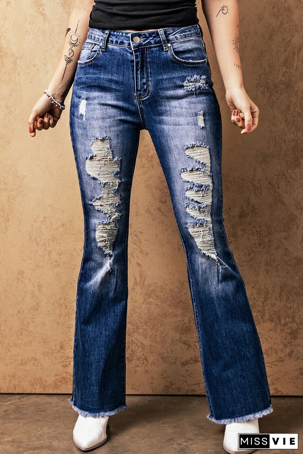 Sky Blue Distressed Raw Hem High Waist Flare Jeans