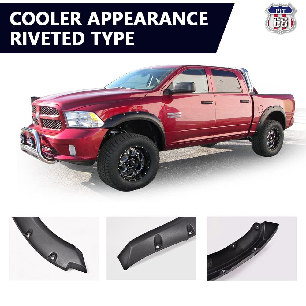 PIT66  Fender Flares Fit for  2009-2018 Dodge Ram 1500 Fleetside models/2019-2022 1500 Classic (Not for R/T and Rebel Models) Rugged Textured Black Pocket Riveted Style Wheel Flares Set， 4 Pcs