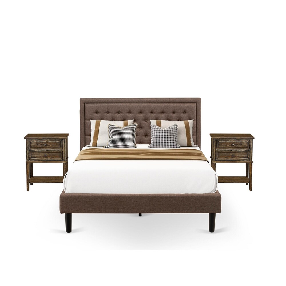 East West Furniture Queen Size Bed Set  Bed Frame Brown Headboard with Small Nightstand   Black Finish Legs((End Table Options)