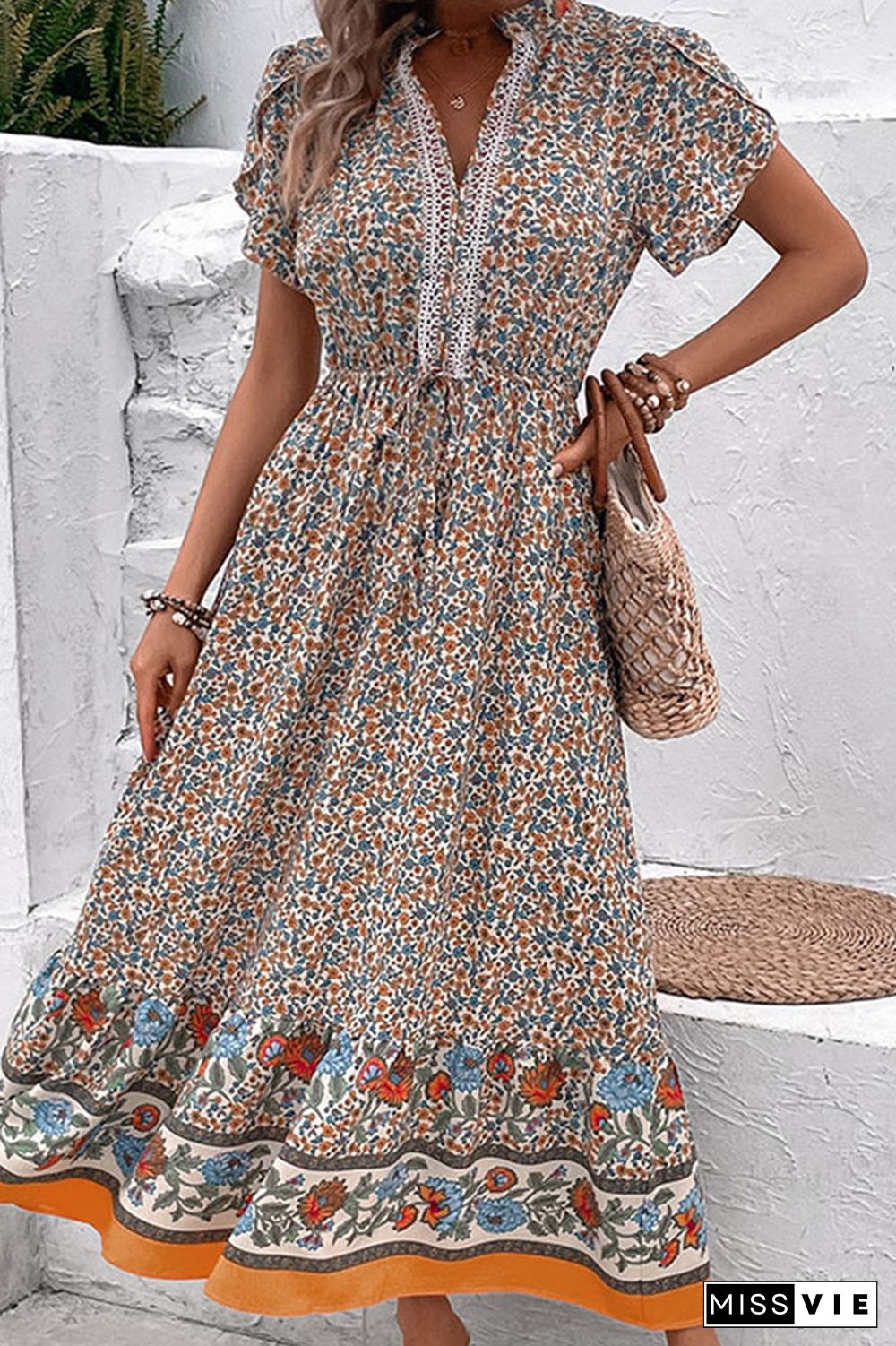 Khaki Floral Print Splicing Maxi Dress