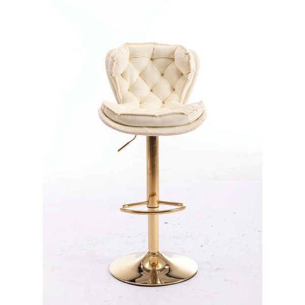 Set of 2 Bar Stools，with Chrome Footrest and Base Swivel Height Adjustable Mechanical Lifting Velvet + Golden Leg