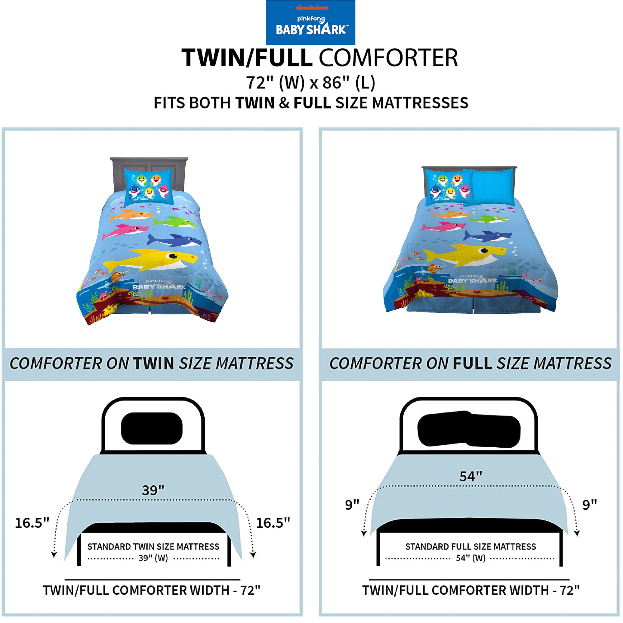 Baby Shark Kids Comforter and Sham， 2-Piece Set， Twin/Full， Reversible， Blue， Nickelodeon