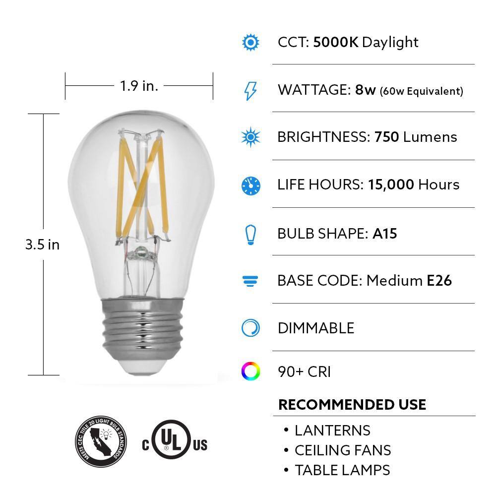 Feit Electric 60-Watt Equivalent A15 Dimmable Filament CEC Title 20 90+ CRI Clear Glass LED Ceiling Fan Light Bulb Daylight (2-Pack) BPA1560950CAFIL2RP