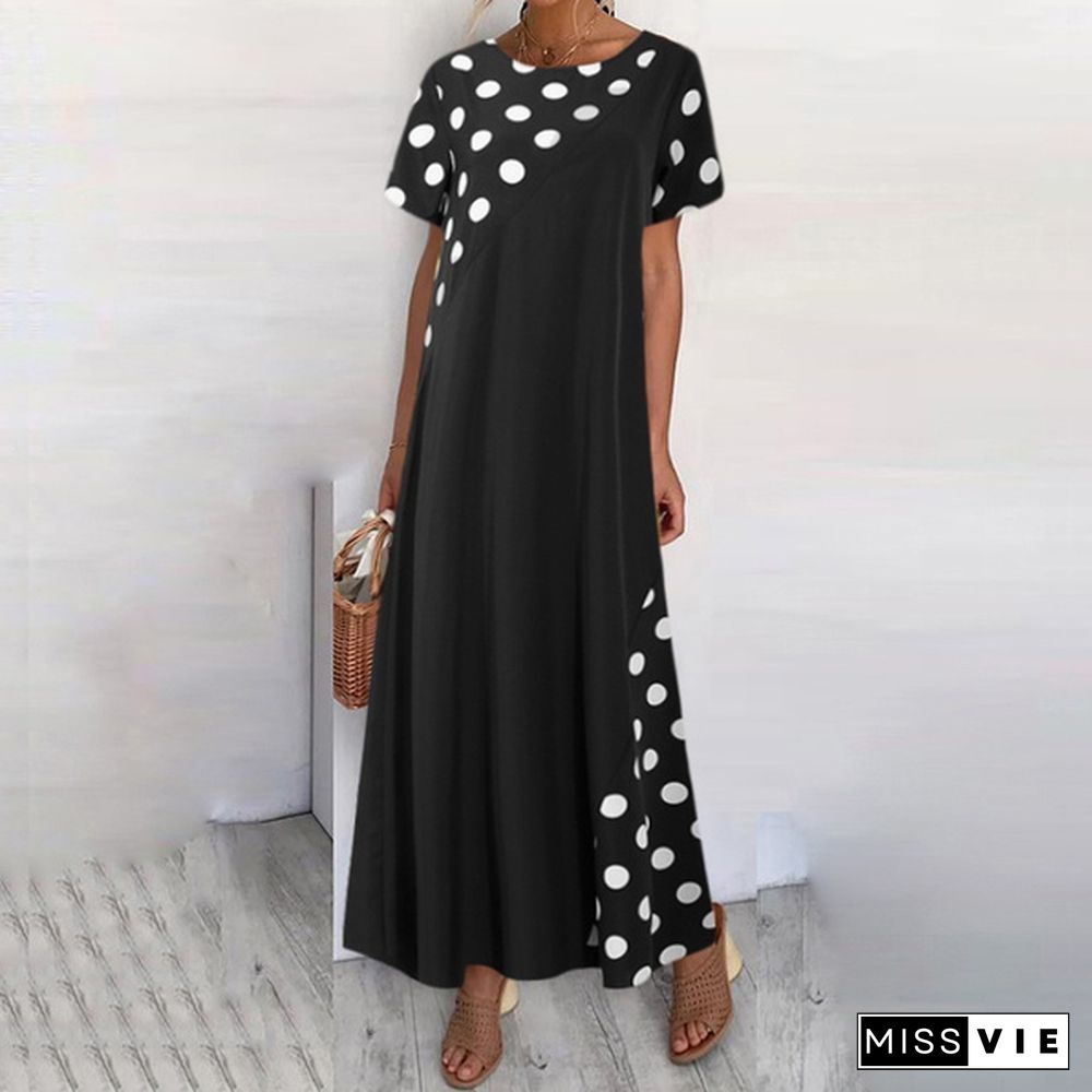 Summer Women Polka Dot Maxi Dress Robe Short Sleeve Round Neck Patchwork Party Casual Loose Long Dress Plus Size Tunic