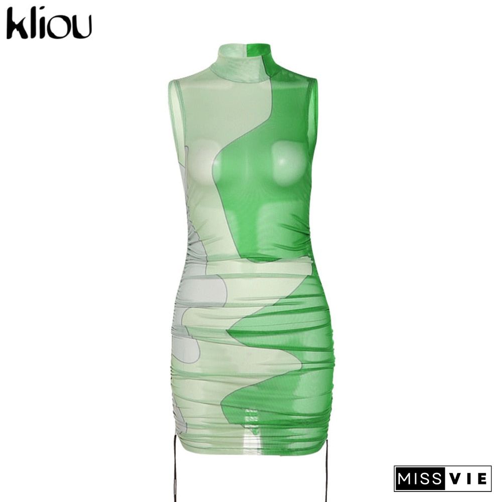 Kliou Midnight Partywear Women Sexy See Through Contrast Patchwork Mini Dress Chic Bodycon Sleeveless Undefined Streetwear