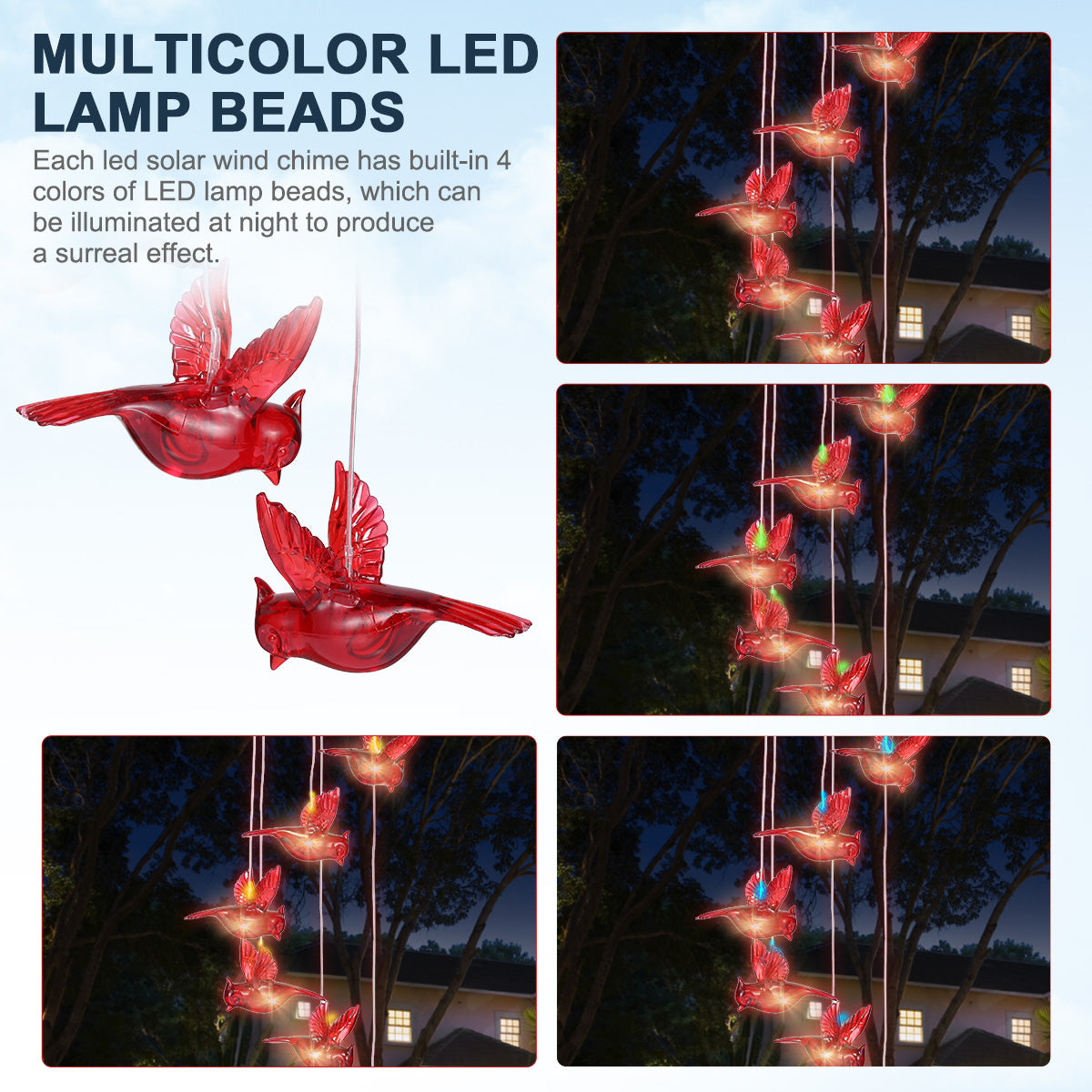 Solar Cardinal Red Bird Wind Chime Lights， Hanging Red Bird Wind Chimes with S Hook Light Sensor， LED Solar Power IP65 Waterproof Moisture-Proof， Outdoor Garden Decor Wind Bell for Patio Yard Home