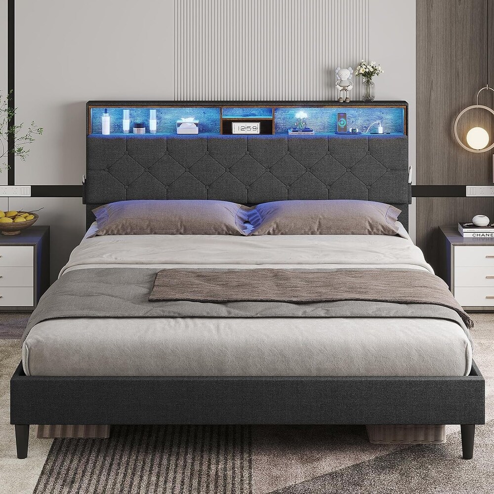 Queen Platform Bed Frame LED Light Headboard Storage Shelves