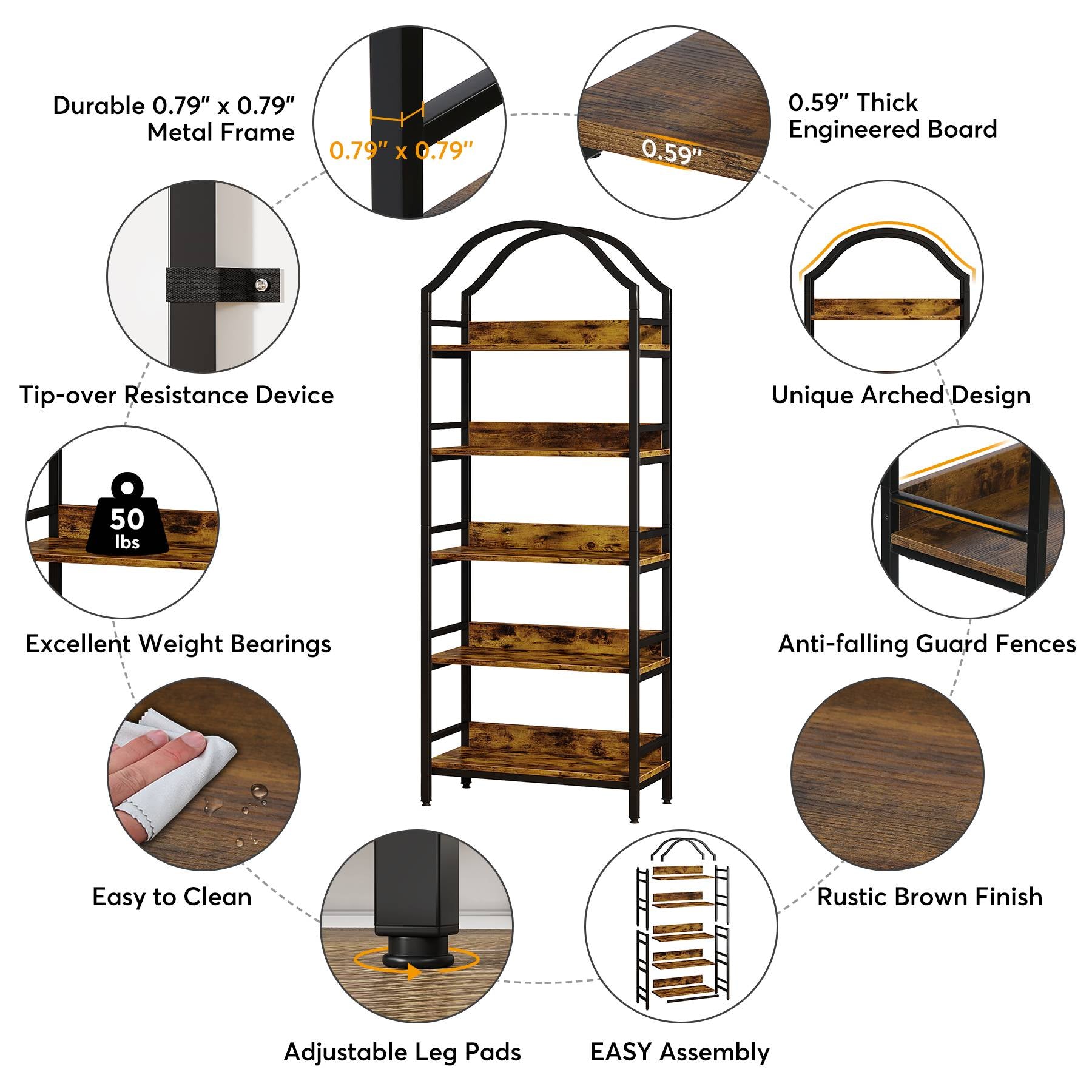 5-Tier Bookshelf, Industrial Arched Bookcase 73