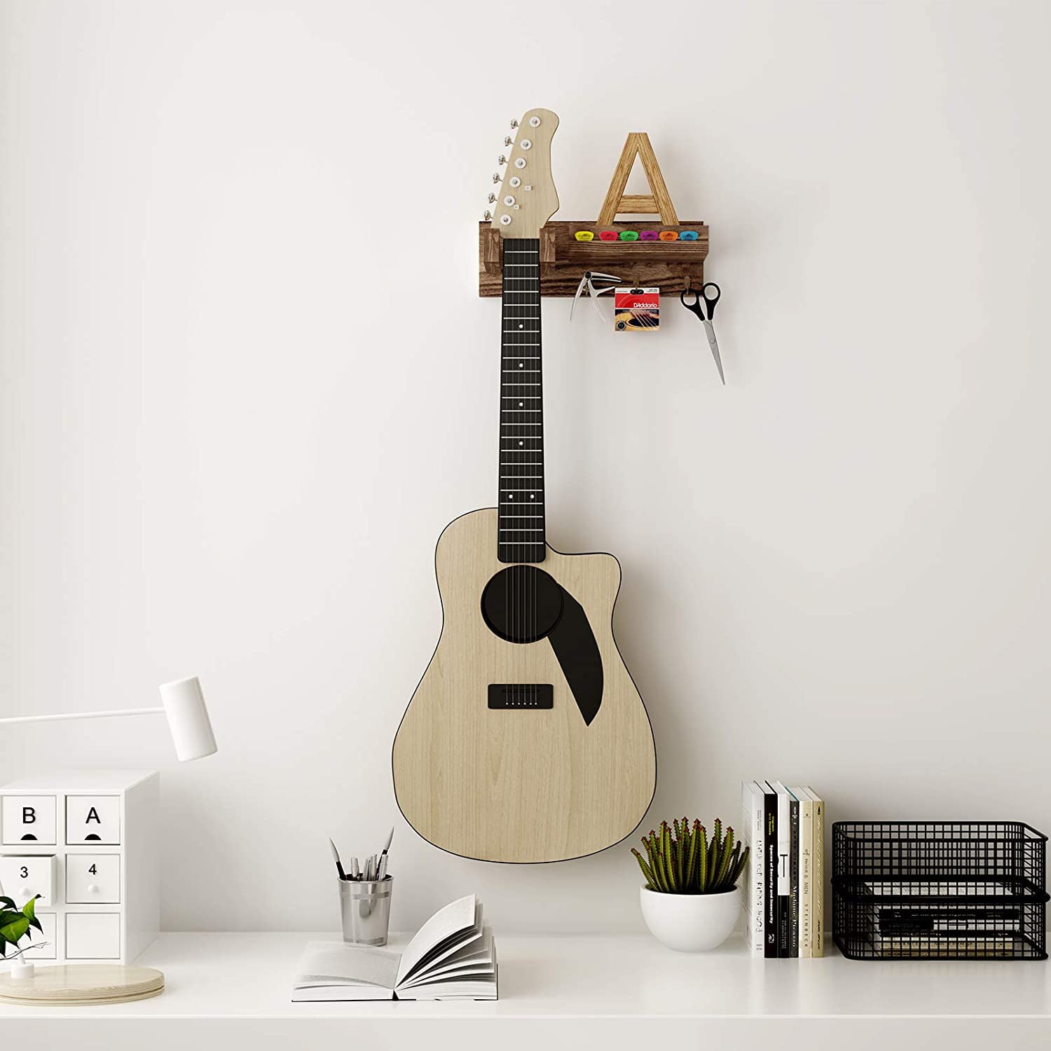 WELLAND Guitar Wood Wall Hanger with Storage Shelf， Hanging Rack for Electric Guitar， Acoustic Guitar， Bass Guitar， Guitar Accessories