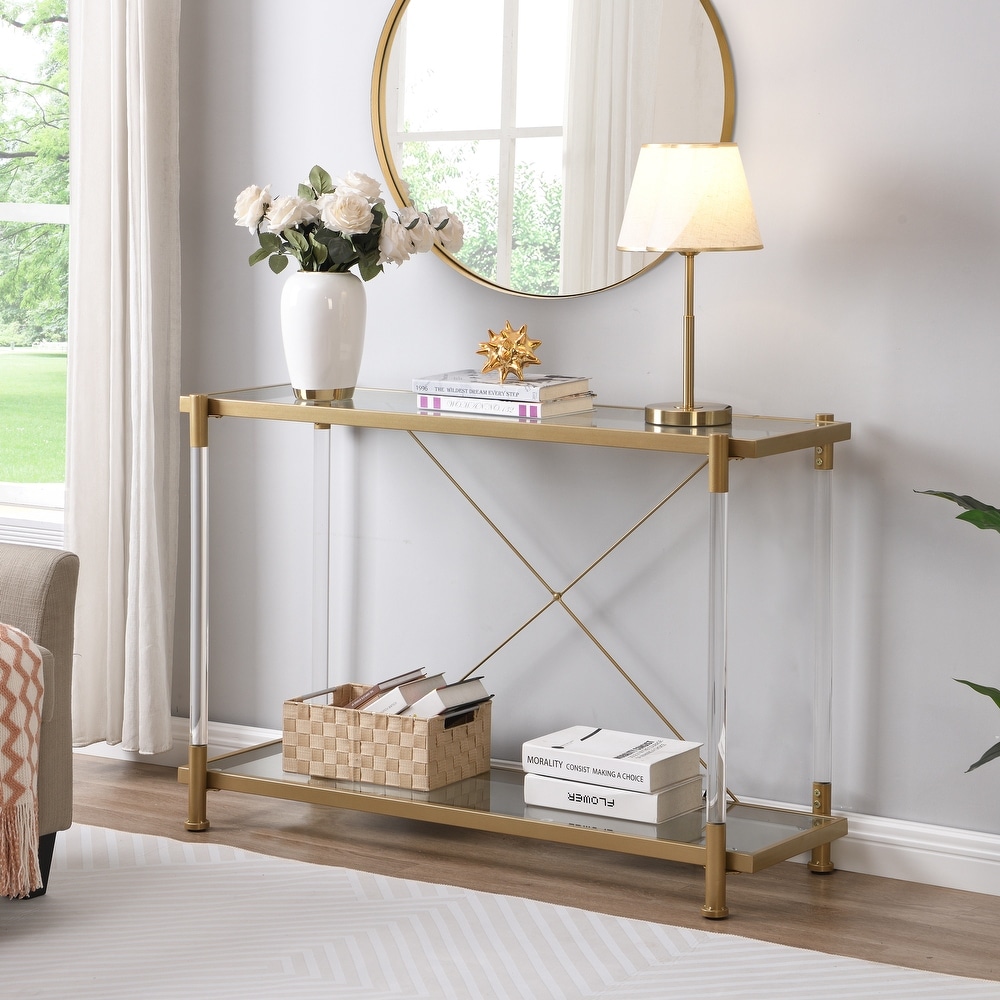 Golden Acrylic Glass 2 Tier Console Table  Sturdy Metal Bracket