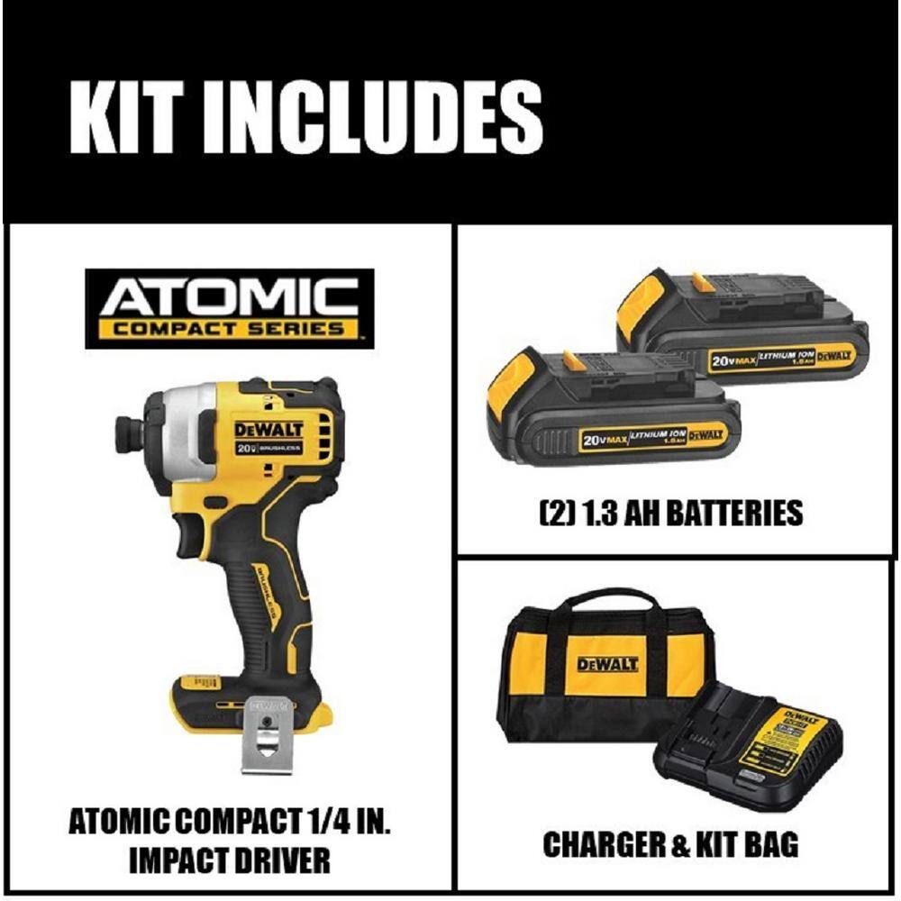 DW ATOMIC 20V MAX Cordless Brushless Compact 14 in. Impact Driver Kit and 20V Cordless Reciprocating Saw DCF809C2W380