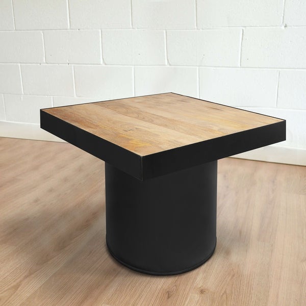 21 Inch Wooden Side Table with Block Metal Base， Brown and Black