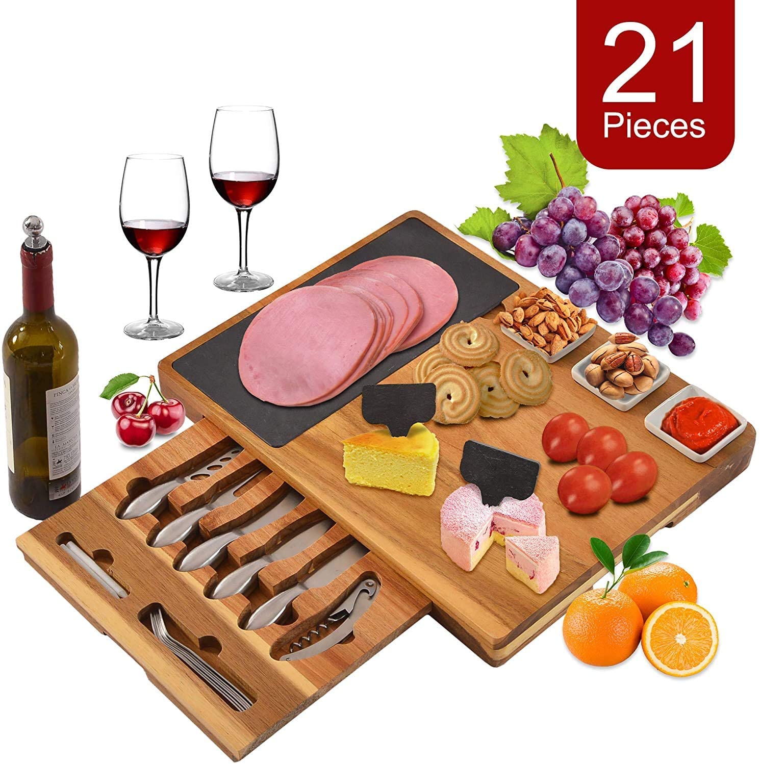 Large Charcuterie Board Set， 21-Piece Cheese Board and Knife Set，  Acacia Wood and Slate Serving Tray for Meat， Wine and Cheese， Perfect Choice for Wedding Birthdays Christmas