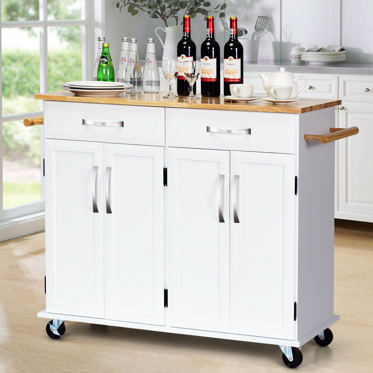 Costway Kitchen Trolley Island Utility Cart Wood Top Rolling Storage Cabinet Drawers White