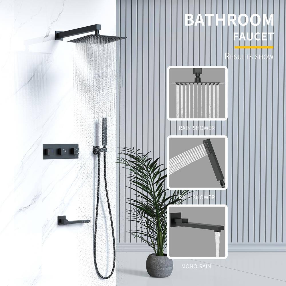 GIVING TREE 3-Handle 3-Spray 12 in. Square Tub and Shower Faucet with Rotatable Tub Spout and Hand Shower in Matte Black HDFFBT713HC12MB