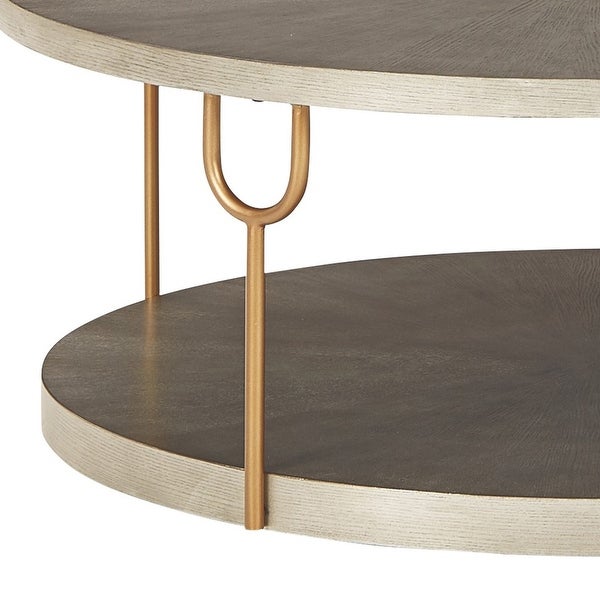 Modern 42 Inch Coffee Table， Ash Veneer， Metal Frame and Wheels， Gold， Gray