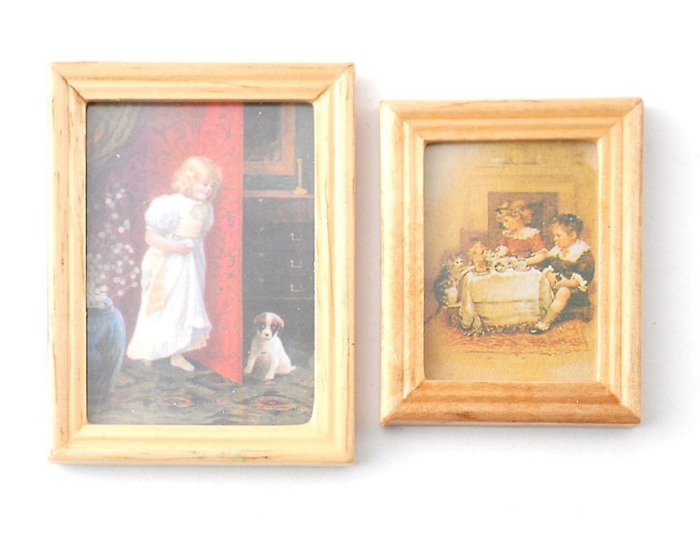 Dolls House 2 Child andamp; Pet Pictures Paintings In Wooden Frame Miniature Accessory