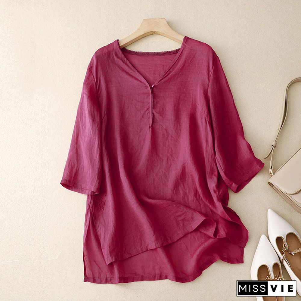 Retro Simple Solid Color V -neck Shirt