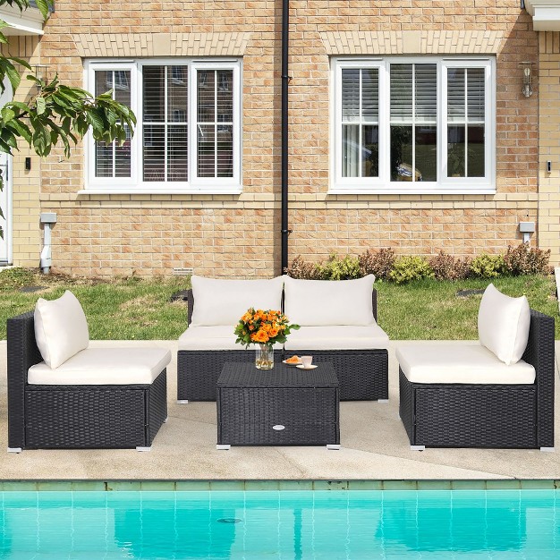 Tangkula 5pcs Patio Outdoor Rattan Sofa Conversation Set W Seat amp Back Cushions Off White