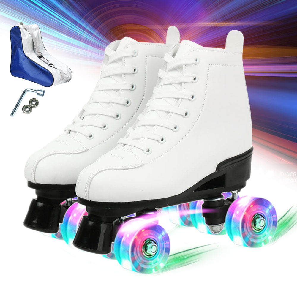 Classic Roller Skates High-Top Double-Row Shiny Wheels Roller Skates Soft Leather Roller Skates for Women and Men，White