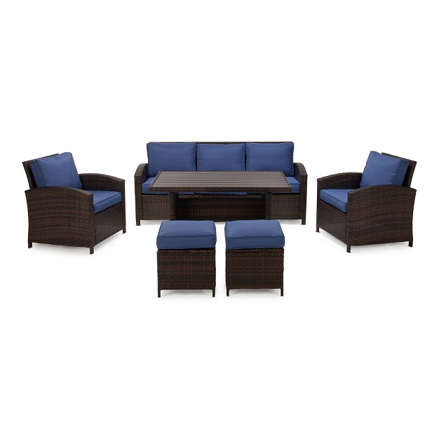 6pc Wicker Outdoor Conversation Set With Cushions amp Ottomans Blue Edyo Living