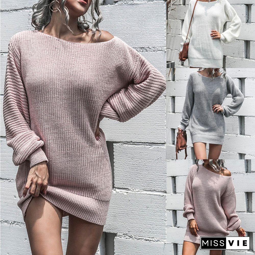 Autumn and Winter Fashion Womens Sweater Dress Ladies Loose Casual Lantern Sleeve Knitted Dress Maxi Sweater Dress for Women Causal Pullover Dress Plus Size