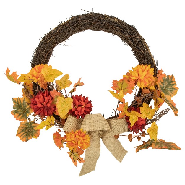 Fall Foliage With Mum Flowers Artificial Thanksgiving Twig Wreath Unlit