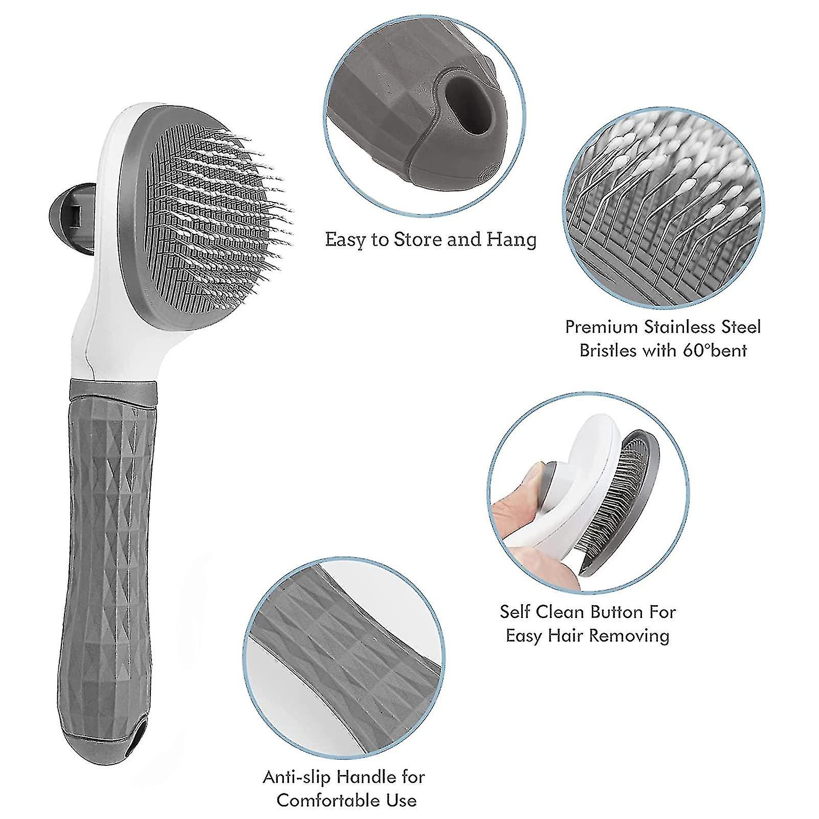 Dog Cat Grooming Brush - Self Cleaning Smooth Handle Brush - Pet Grooming Tool With Cleaning Knob