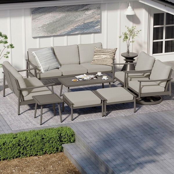 7Piece Aluminum Patio Conversation Set，3Seat Outdoor Couch and Loveseat with 2 Swivel Armchairs， Ottomans and Coffee Table