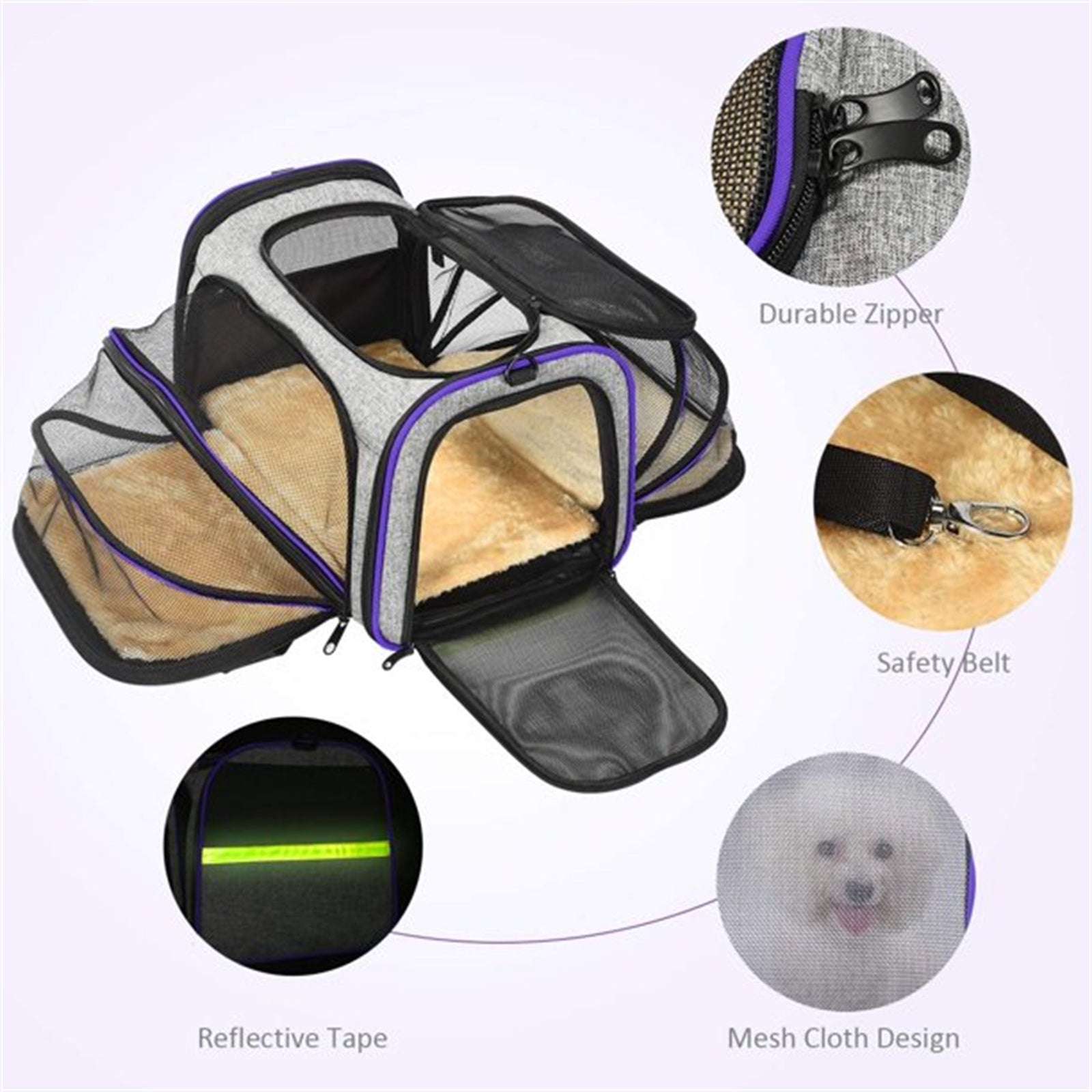 Electronn Cat Carrier TSA Airline Approved with Ventilation for Small Medium Cats Dogs Puppies with Big Space 5 Mesh Windows 4 Open Doors - Purple