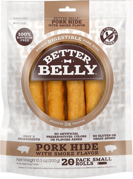 Better Belly Pork Hide Smoke Flavor Rolls Dogs Treats， Small， 20 count