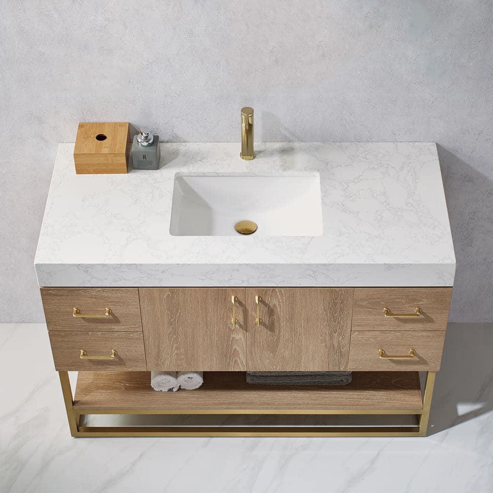 ROSWELL Alistair 48 in Bath Vanity in North American Oak with Grain Stone Top in White with White Basin