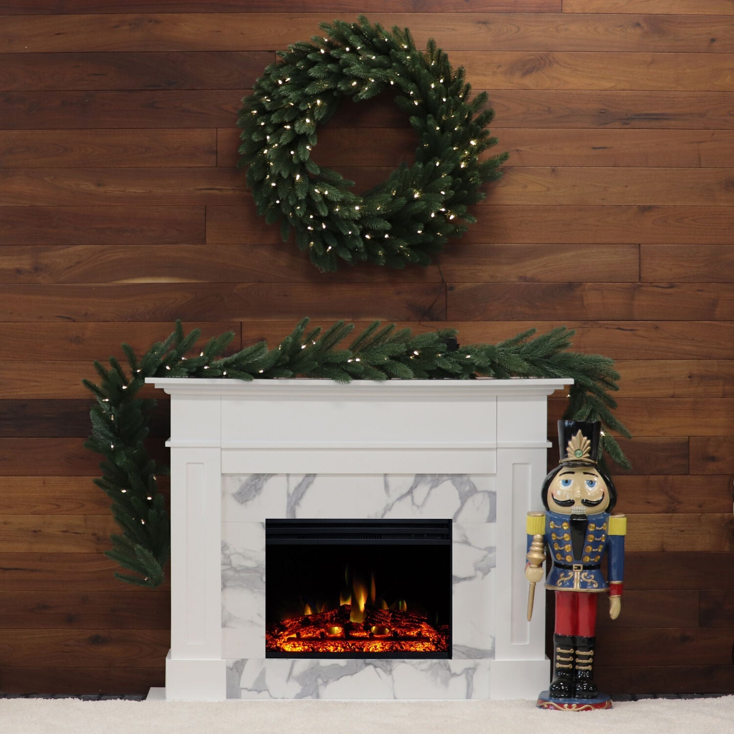 Sofia Cambridge 57-In. Modern Electric Fireplace Mantel with LED Multi-Color Faux Charred Log Display Insert | White Faux Marble | Heating for Living Room, Dining Room, Bedrooms up to 210 Sq.Ft.