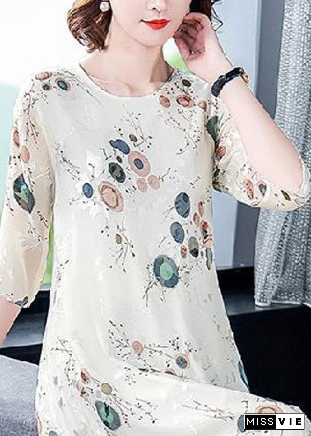 Loose White O-Neck Print Silk Holiday Dress Half Sleeve