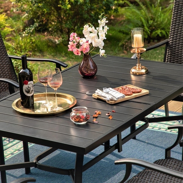 MAISON ARTS Outdoor Patio 7Piece Dining Set，1 Metal Table with an Umbrella Hole and 6 PE Rattan Chairs