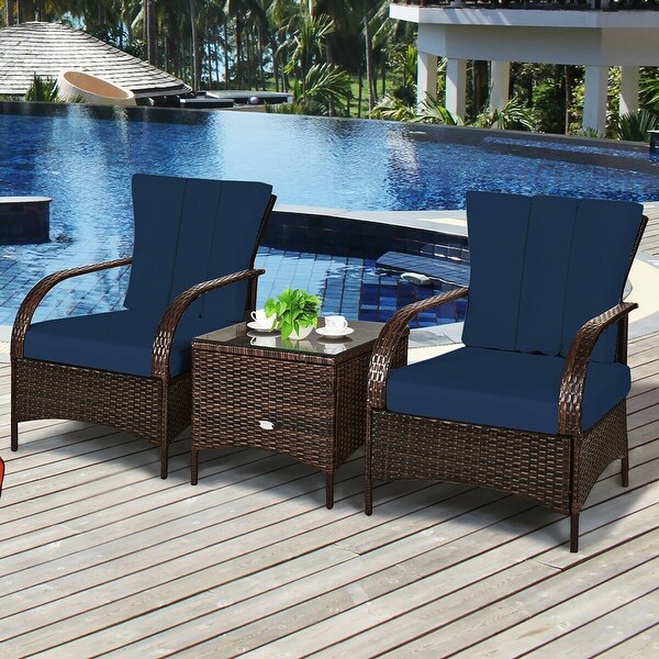 Costway 3 PCS Patio Wicker Rattan Furniture Set Coffee Table and 2