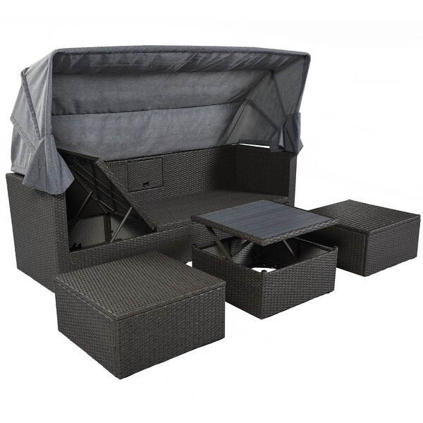 Roomfitters Outdoor Patio Rectangle Daybed with Retractable Canopy，Wicker Sectional Seating with Washable Cushions