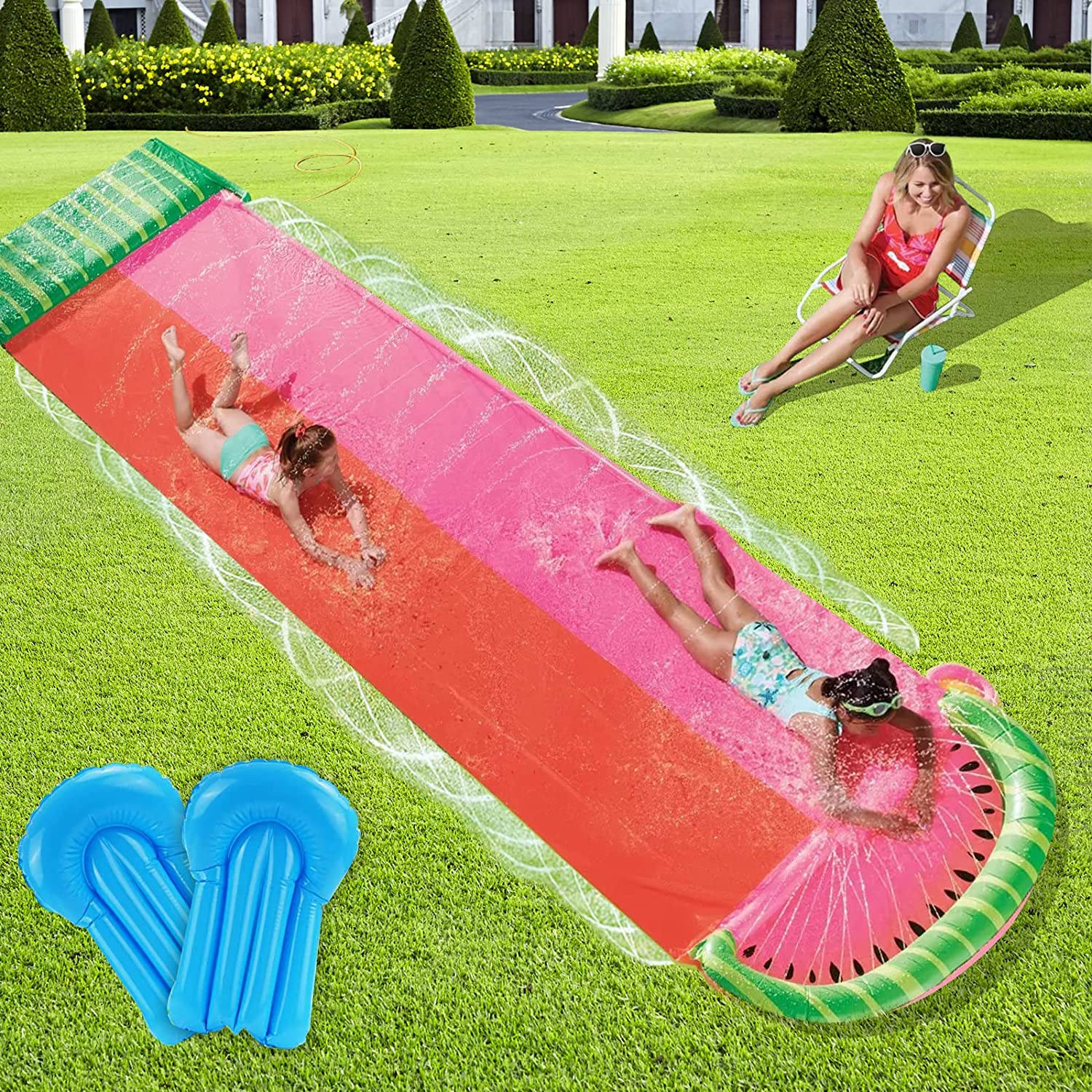 Lavinya 18ft Water Slides Slip Splash and Slide With Splash Sprint Racing Inflatable waterslides with Crash Pad For Toddlers And Adults