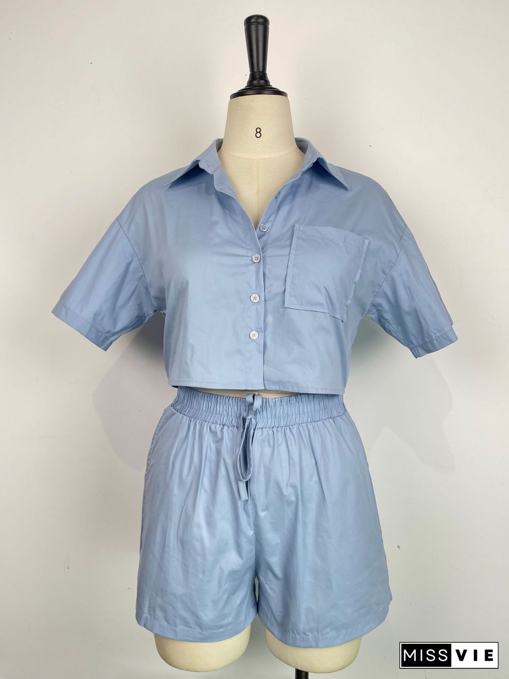 Solid Short Sleeve Shirts and Shorts Two Piece Set