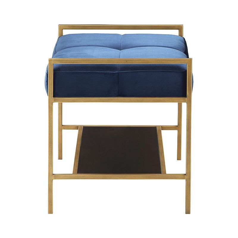 Metal Bench with Fabric Upholstered Plump Seats， Gold and Blue