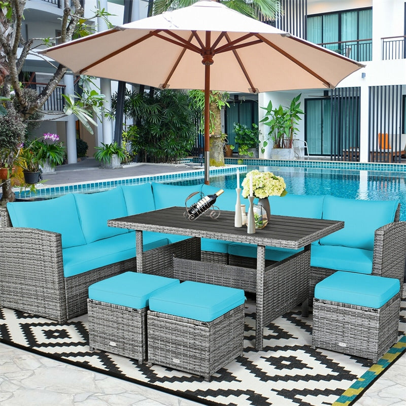 7 Pcs Rattan Patio Dining Furniture Sectional Sofa Set with Dining Table, Ottomans & Cushions