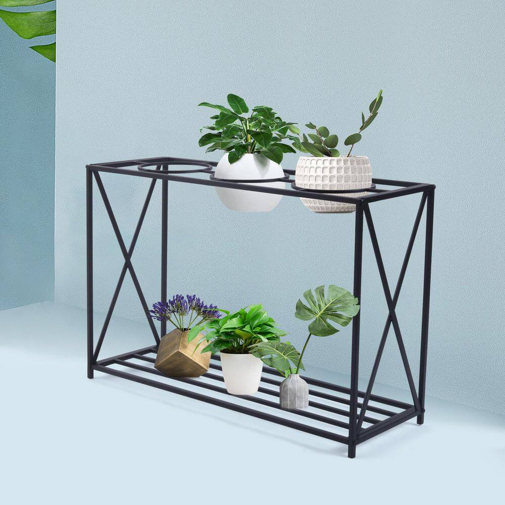 YIYIBYUS 36.2 in. x 12.6 in. 2-Tier Innovative Indoor Outdoor Black Metal Flower Plant Stand Shelf Rack Storage Organizer OT-ZJCY-5104