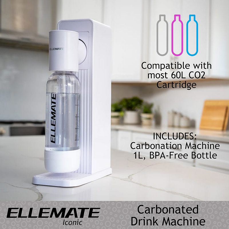 Ellemate Iconic Carbonated Drink Maker; Fizz Soda， Water， Wine， Juice and More; One- Push Fizz Technology， Cordless Carbonation