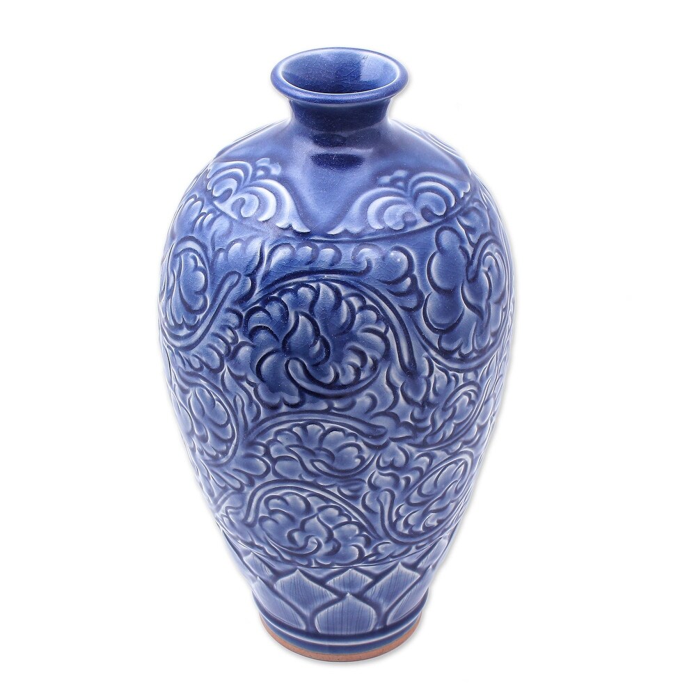 Novica Handmade Blue Flora Ceramic Vase